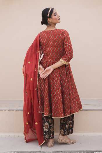 Gulabo Jaipur_Red Cotton, Cambric Zari Round Neck Ira Floral Motif Anarkali Set _at_Aza_Fashions