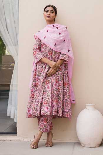 Gulabo Jaipur_Pink Cotton, Cambric Round Neck Arwa Printed Anarkali Set _Online_at_Aza_Fashions