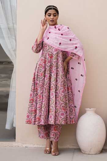 Buy_Gulabo Jaipur_Pink Cotton, Cambric Round Neck Arwa Printed Anarkali Set _Online_at_Aza_Fashions