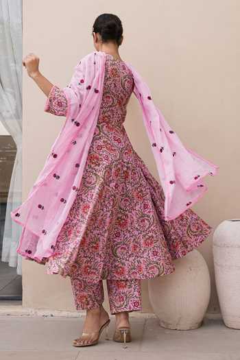Shop_Gulabo Jaipur_Pink Cotton, Cambric Round Neck Arwa Printed Anarkali Set _Online_at_Aza_Fashions