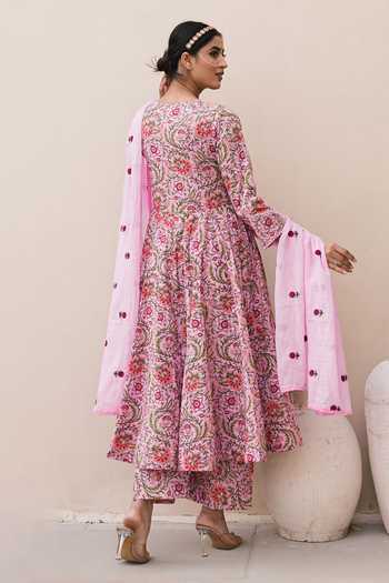 Gulabo Jaipur_Pink Cotton, Cambric Round Neck Arwa Printed Anarkali Set _at_Aza_Fashions
