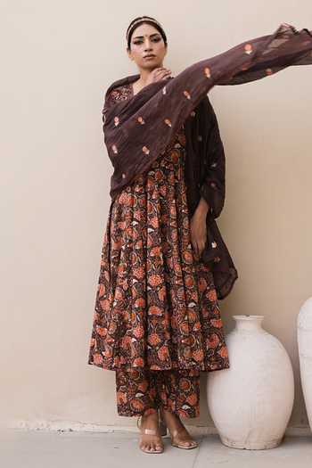 Gulabo Jaipur_Brown Cotton, Cambric Arwa Flower Print Anarkali Set _Online_at_Aza_Fashions