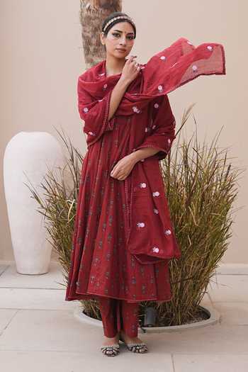 Gulabo Jaipur_Maroon Cotton, Cambric Embroidery Arwa Floral Print Anarkali Set _Online_at_Aza_Fashions