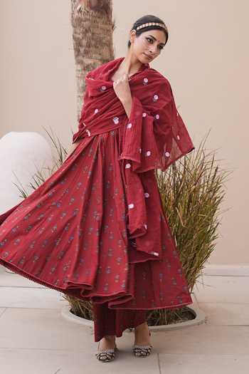 Shop_Gulabo Jaipur_Maroon Cotton, Cambric Embroidery Arwa Floral Print Anarkali Set _Online_at_Aza_Fashions