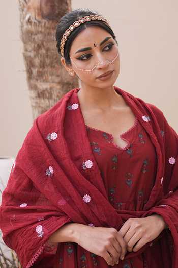 Gulabo Jaipur_Maroon Cotton, Cambric Embroidery Arwa Floral Print Anarkali Set _at_Aza_Fashions