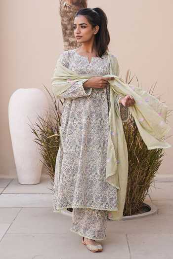 Buy Gulabo Jaipur Green Cotton, Cambric Embroidery Split V-neck, Yes Afsana Printed Kurta Set Online at Aza Fashions Buy_Gulabo Jaipur_Green Cotton, Cambric Embroidery Split V-neck, Yes Afsana Printed Kurta Set _Online_at_Aza_Fashions