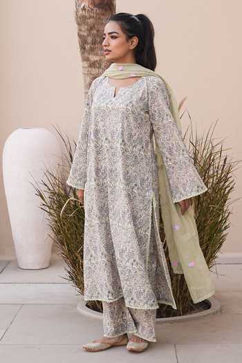 Shop Gulabo Jaipur Green Cotton, Cambric Embroidery Split V-neck, Yes Afsana Printed Kurta Set Online at Aza Fashions Shop_Gulabo Jaipur_Green Cotton, Cambric Embroidery Split V-neck, Yes Afsana Printed Kurta Set _Online_at_Aza_Fashions