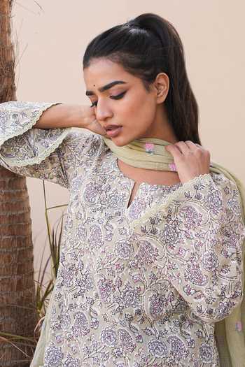 Buy Gulabo Jaipur Green Cotton, Cambric Embroidery Split V-neck, Yes Afsana Printed Kurta Set Buy_Gulabo Jaipur_Green Cotton, Cambric Embroidery Split V-neck, Yes Afsana Printed Kurta Set