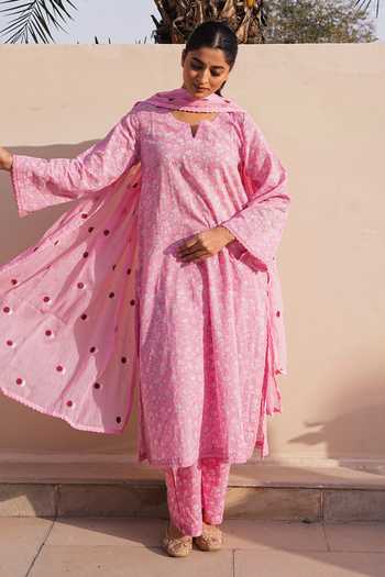 Buy_Gulabo Jaipur_Pink Cotton, Cambric Keyhole Neck Afsana Printed Kurta Pant Set _Online_at_Aza_Fashions