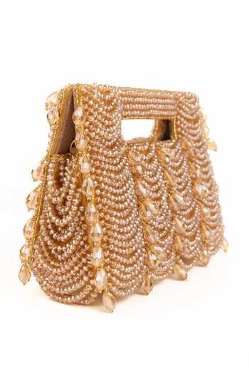 Buy_House Of Kosha_Gold Beads, Crystals, Fringe Amyra Suede Handcrafted Clutch _Online_at_Aza_Fashions