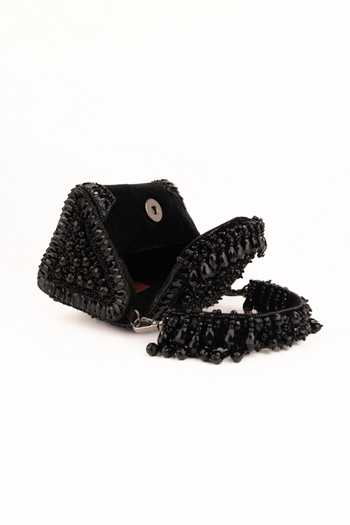 House Of Kosha_Black Beads, Crystals, Tassels Josy Suede Embellished Mini Bag _Online_at_Aza_Fashions