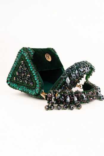 House Of Kosha_Gold Beads, Stones, Crystals, Tassels Josy Suede Embellished Mini Bag _Online_at_Aza_Fashions