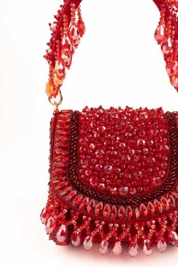 Shop_House Of Kosha_Gold Beads, Crystals, Tassels Josy Suede Embellished Mini Bag _Online_at_Aza_Fashions