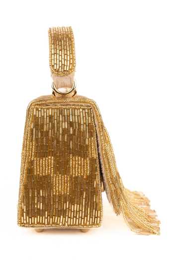 House Of Kosha_Gold Beads, Fringe Bushra Suede Handcrafted Box Bag _Online_at_Aza_Fashions