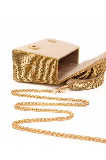 Buy_House Of Kosha_Gold Beads, Fringe Bushra Suede Handcrafted Box Bag _Online_at_Aza_Fashions