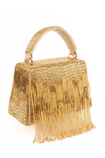 Shop_House Of Kosha_Gold Beads, Fringe Bushra Suede Handcrafted Box Bag _Online_at_Aza_Fashions