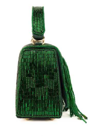 House Of Kosha_Gold Beads, Tassels, Fringe Bushra Suede Handcrafted Box Bag _Online_at_Aza_Fashions