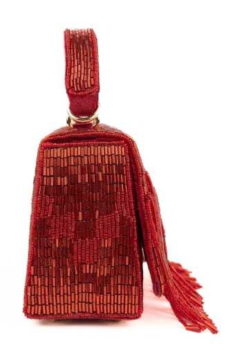 Buy_House Of Kosha_Red Beads, Fringe Bushra Suede Handcrafted Box Bag _Online_at_Aza_Fashions