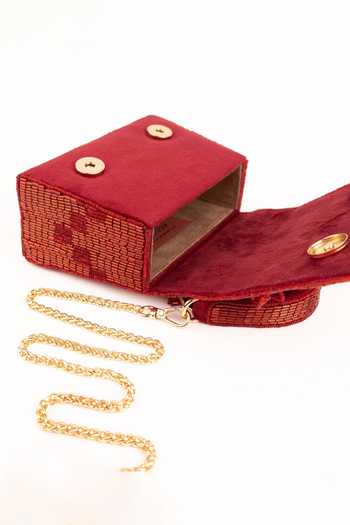 Shop_House Of Kosha_Red Beads, Fringe Bushra Suede Handcrafted Box Bag _Online_at_Aza_Fashions