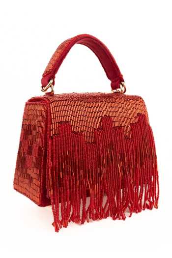 House Of Kosha_Red Beads, Fringe Bushra Suede Handcrafted Box Bag _at_Aza_Fashions