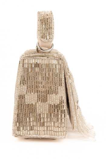 Shop_House Of Kosha_Silver Embroidery, Beads, Fringe Bushra Suede Handcrafted Box Bag _Online_at_Aza_Fashions