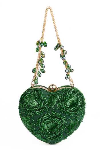 House Of Kosha Green Beads, Cut Work Cora Suede Embellished Heart Bag Online at Aza Fashions House Of Kosha_Green Beads, Cut Work Cora Suede Embellished Heart Bag _Online_at_Aza_Fashions