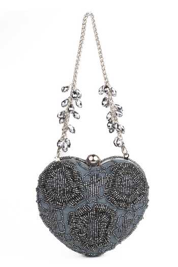House Of Kosha_Silver Beads, Crystals Cora Suede Embellished Heart Bag _Online_at_Aza_Fashions