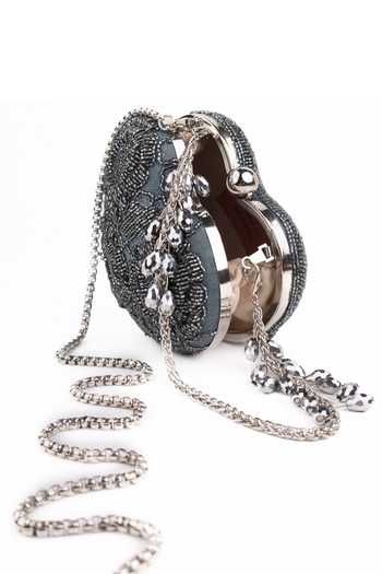 Buy_House Of Kosha_Silver Beads, Crystals Cora Suede Embellished Heart Bag _Online_at_Aza_Fashions