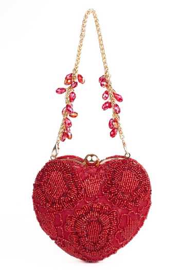 House Of Kosha_Red Beads Cora Suede Embellished Heart Bag _Online_at_Aza_Fashions