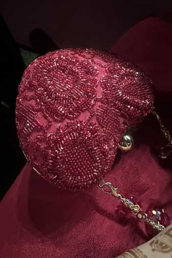 House Of Kosha_Red Beads Cora Suede Embellished Heart Bag _at_Aza_Fashions