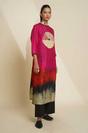 Buy_Taika By Poonam Bhagat_Pink Silk Embroidery Round Neck Hand Printed Kurta And Pant Set _Online_at_Aza_Fashions