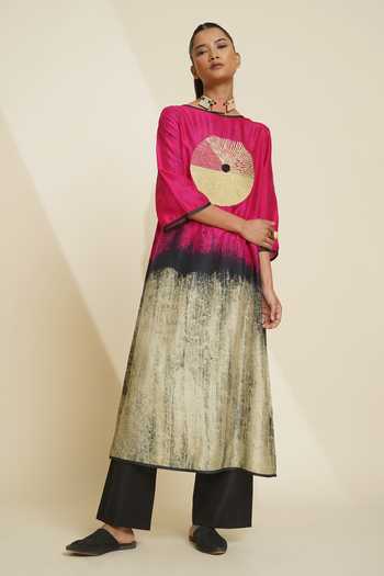 Shop_Taika By Poonam Bhagat_Multi Color Silk Embroidery Round Neck Blended Kurta And Pant Set _Online_at_Aza_Fashions