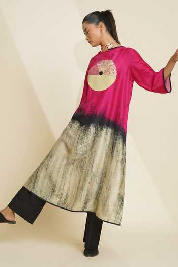 Taika By Poonam Bhagat_Multi Color Silk Embroidery Round Neck Blended Kurta And Pant Set _at_Aza_Fashions