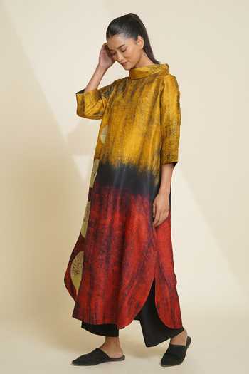 Shop_Taika By Poonam Bhagat_Black Silk Embroidery Mandarin Collar, Yes Printed Kurta And Pant Set _Online_at_Aza_Fashions