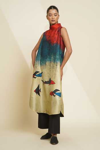 Buy_Taika By Poonam Bhagat_Blue Silk Embroidery Mandarin Collar, Yes Printed Kurta And Pant Set _Online_at_Aza_Fashions
