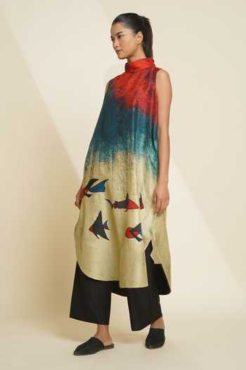 Shop_Taika By Poonam Bhagat_Blue Silk Embroidery Mandarin Collar, Yes Printed Kurta And Pant Set _Online_at_Aza_Fashions
