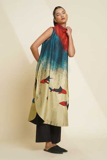 Taika By Poonam Bhagat_Blue Silk Embroidery Mandarin Collar, Yes Printed Kurta And Pant Set _at_Aza_Fashions