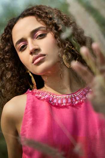 Basil Leaf_Pink Chiffon, Crepe Beads High Neck Abstract Print Dress _Online_at_Aza_Fashions