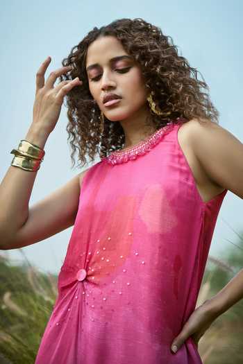 Buy_Basil Leaf_Pink Chiffon, Crepe Beads High Neck Abstract Print Dress _Online_at_Aza_Fashions
