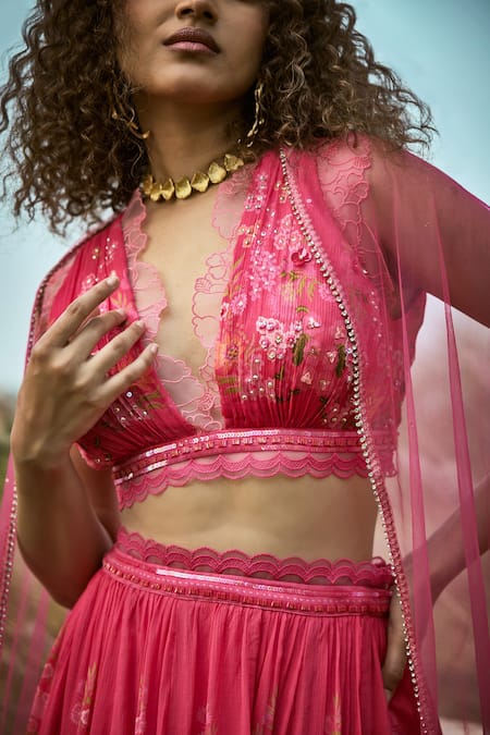 Shop_Basil Leaf_Pink Chiffon, Net Sequins Floral Print Lehenga Set _Online_at_Aza_Fashions