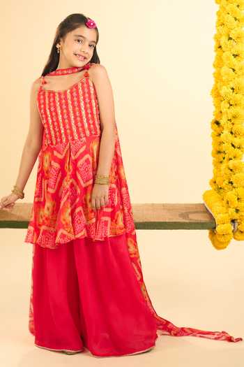 Shop_Petite Pomme_Red Chinon Embroidery, Metallic Thread Hand Work Kurta Set _Online_at_Aza_Fashions