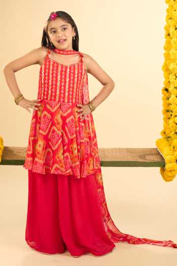 Petite Pomme_Red Chinon Embroidery, Metallic Thread Hand Work Kurta Set _at_Aza_Fashions