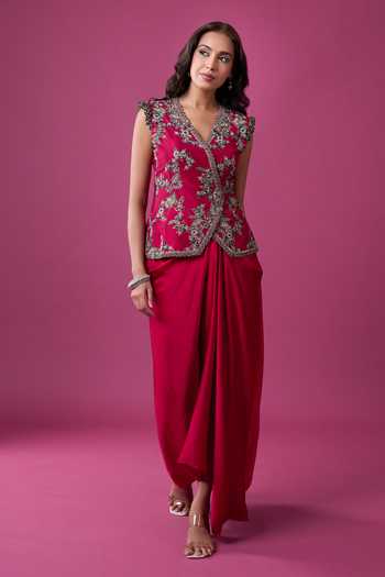 Buy_Prisho_Red Embroidery, Zari, Stones V-neck Jacket And Draped Skirt Set _Online_at_Aza_Fashions