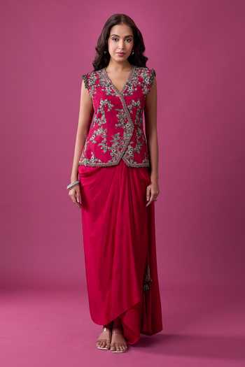 Shop_Prisho_Red Embroidery, Zari, Stones V-neck Jacket And Draped Skirt Set _Online_at_Aza_Fashions