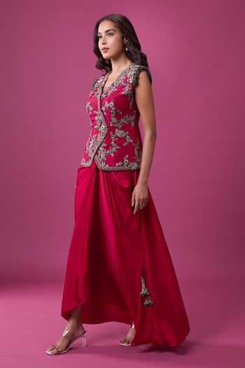 Prisho_Red Embroidery, Zari, Stones V-neck Jacket And Draped Skirt Set _at_Aza_Fashions