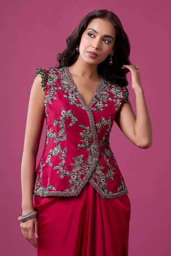 Buy_Prisho_Red Embroidery, Zari, Stones V-neck Jacket And Draped Skirt Set 