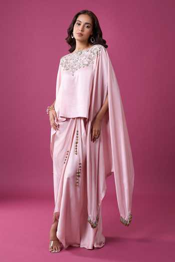 Shop_Prisho_Pink Embroidery Round Neck Kaftan And Draped Skirt Set _Online_at_Aza_Fashions