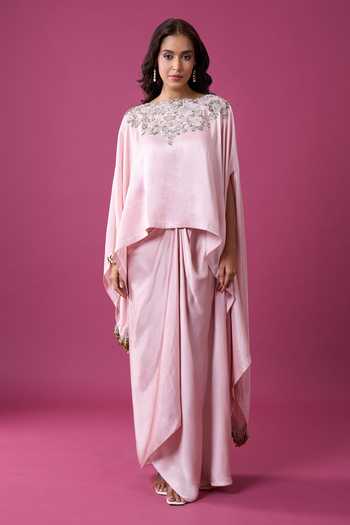 Prisho_Pink Embroidery Round Neck Kaftan And Draped Skirt Set _at_Aza_Fashions