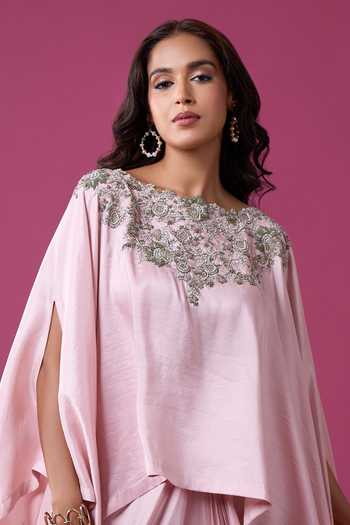 Buy_Prisho_Pink Embroidery Round Neck Kaftan And Draped Skirt Set 