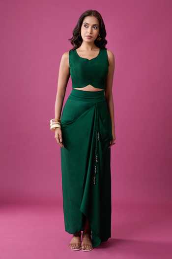 Buy_Prisho_Green Beads, Stones, Mirrors, Tassels Embroidered Jacket And Draped Skirt Set _Online_at_Aza_Fashions